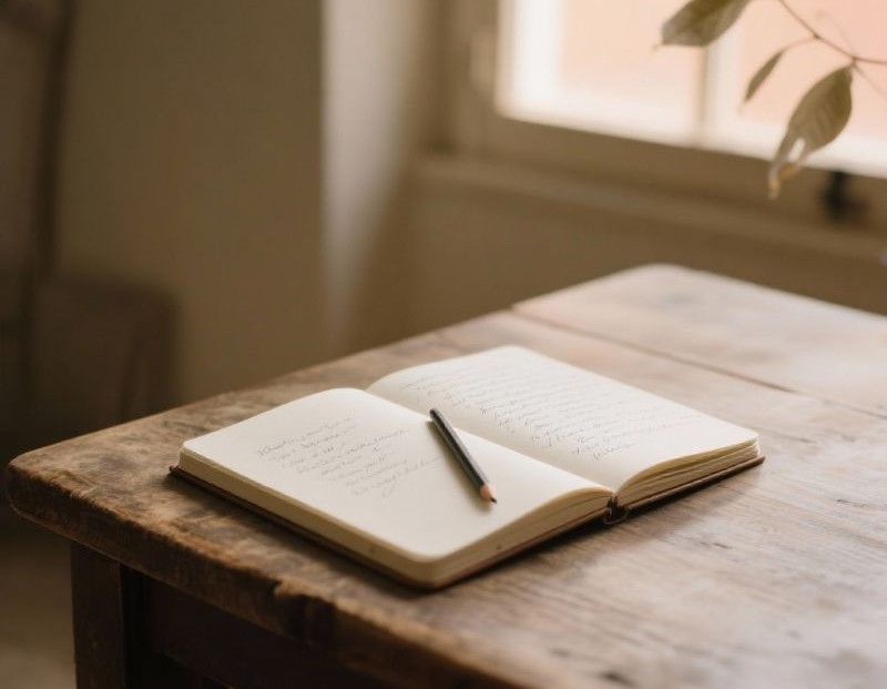 Libreta abierta con notas manuscritas iluminada por luz natural en una residencia creativa en Sucamiño.